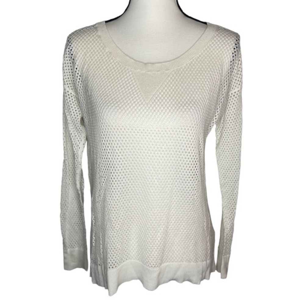 American Eagle Outfitters Top Cream Open Knit Mesh Scoop Neck Long Sleeve Top